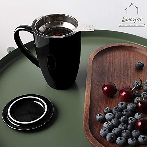 Sweejar Porcelain Tea Infuser Mug with Lid (Black / Tea Cup(16 Fl Oz))