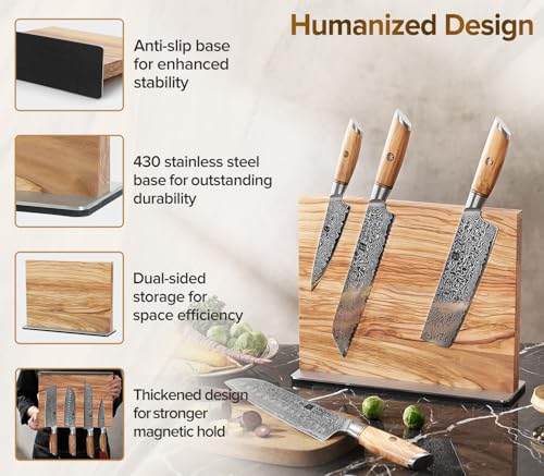 Double Sided Magnetic Knife Holder Rack For Kitchen Counter (Olive Wood Knife Holder)