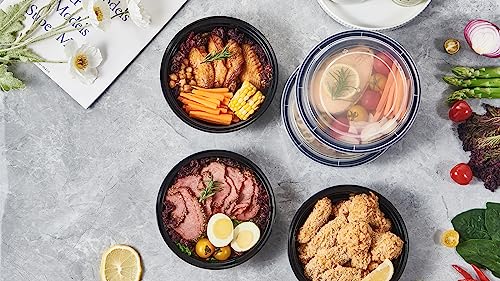 24 oz 50 ct Round Meal Prep Food Storage Containers with Lids To Go Plastic Lunch Plan Box Disposable Take Out Bowls Black BPA Free Reusable Durable Stackable Microwave Freezer Dishwasher Safe (24R-50)