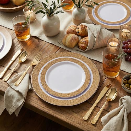 102 Pcs Wood Grain Brown Plastic Plates (102 Pieces / Brown)