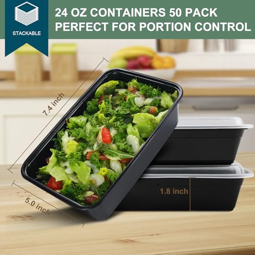 50 Pack (100-Piece) Meal Prep Containers 24 oz, Leakproof Plastic Food Storage Containers with Lids, Disposable To Go Food Containers, BPA-Free, Stackable, Microwave, Dishwasher & Freezer Safe (24oz50pack)
