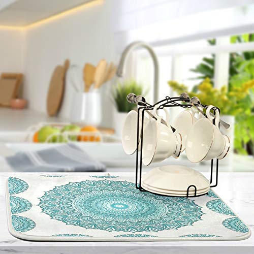 Super Absorbent Dish Drying Mat (Turquoise Mandala / 16" x 18")