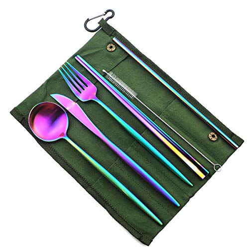 Reusable Travel Utensils (Green Pouch / Rainbow)