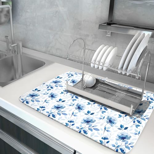 Blue Floral Dish Drying Mat 18x24 inch Flower Leaves Dish Rack Pad Microfiber Washable Dishes Drainer Pad Kitchen Countertop Accessories (Blue Floral / 18" x 24")