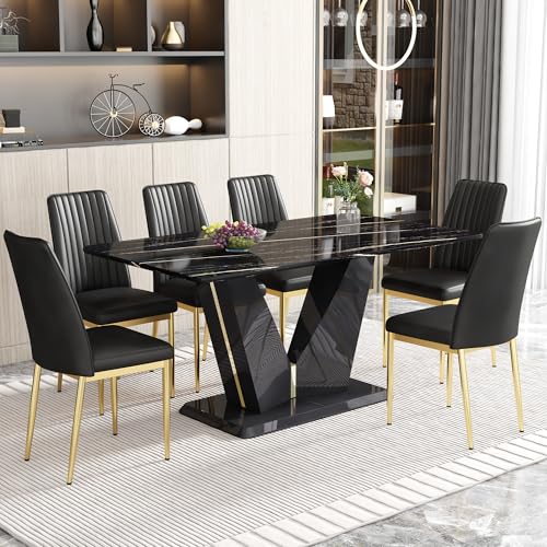 Black Dining Chairs Set of 8 Modern PU Leather Kitchen Chairs with Metal Legs Armless Upholstered Chair for Dinner Room (G- Black)
