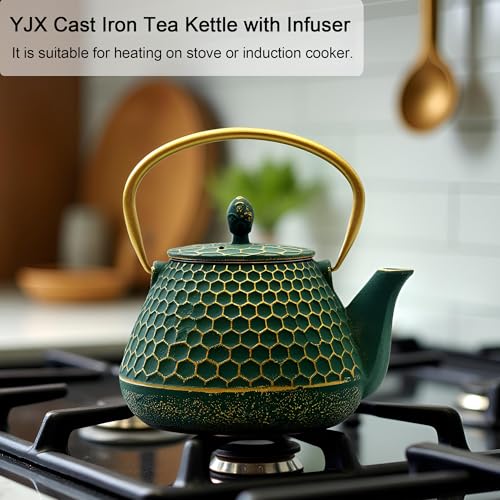 Cast Iron Teapot and Tea Cups Set (Dark Green Hexagon Pattern, 1000ml/34oz with Cups and Cup Mats)