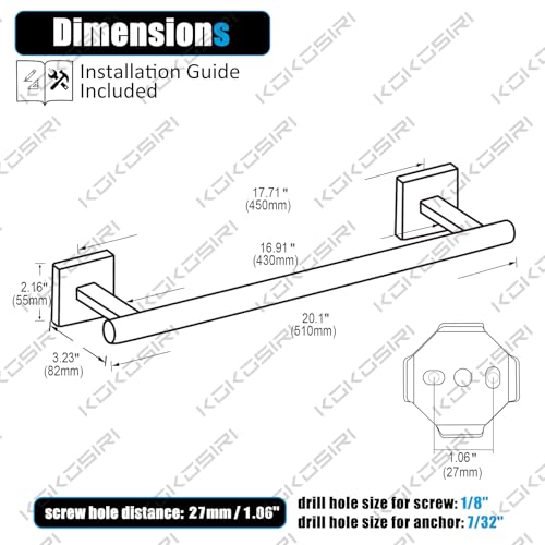 Towel Rail Bathroom Towel Bars Matte Black 20 Inch Towel Holder for Bath Cabinet Kitchen Wall Mount Stainless Steel B4005BK (Matte Black / 20-Inch)