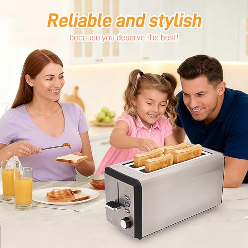 4 Slice Long Slot Stainless Steel Toaster with Extra Wide 1.5” Slots (4 pieces regular style)