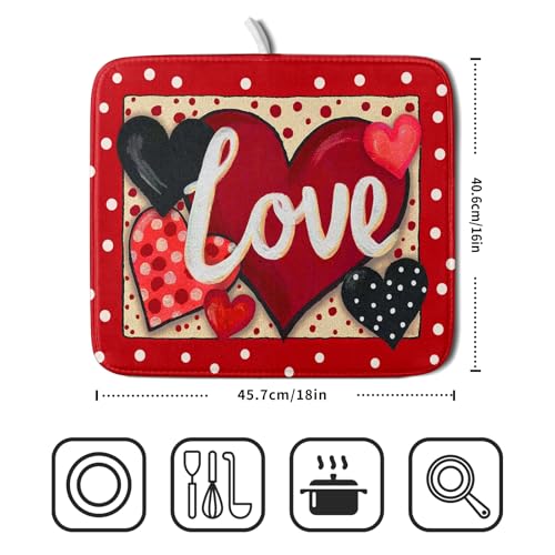 Love Heart Dish Drying Mat 16"x18" Red Dots Microfiber Dish Rack Mat Holiday Absorbent Fast Dry Draining Pad for Kitchen Counter Bar Sinks (Love Heart / 16" x 18")