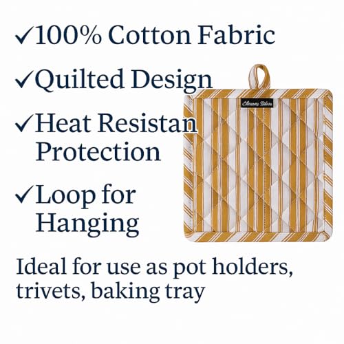 Double Stripe Pot Holders Heat Resistant Cotton Set of 3 Nonslip 8"x8" Inch Hot Pads for Kitchen (8x8 inches / Double Stripe Yellow)