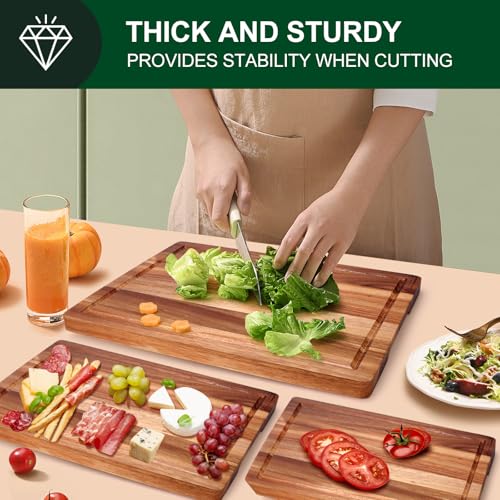 Extra Large Acacia Wood Cutting Board Set of 3 Wooden Chopping Board With Holder Fruit Cutting Boards Charcuterie Boards for Kitchen Bread Cheese Serving Board Meat Cutting Board Carving Board (Acacia Wood / 3-Piece Set: 17" x 12", 15" x 11", 13" x 10")