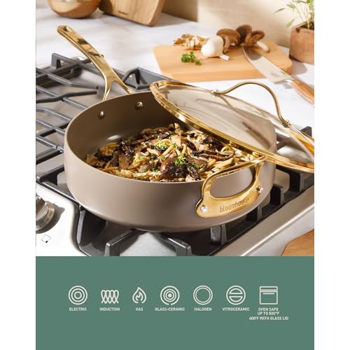Non Stick Frying Pan (Cappuccino Cream w/ Gold Handle / Saute Pan w/ Lid (6-Quart))