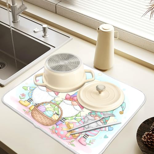Colorful Easter Cute Gnomes Dish Drying Mat for Kitchen Counter Absorbent Microfiber Large Drying Pad Dish Mats for Kitchen Countertops 18 x 24 Inch (24" x 18")