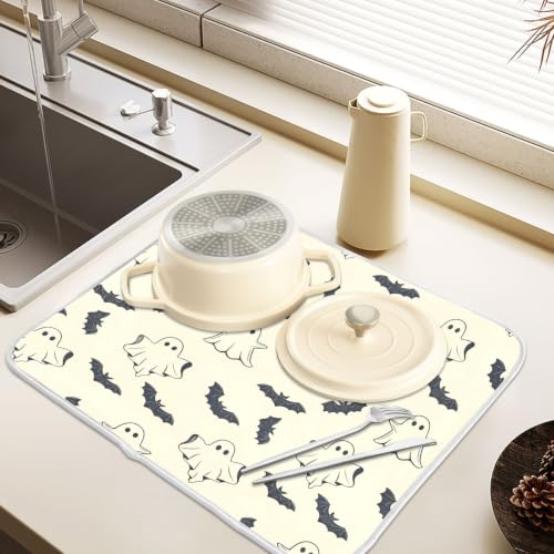 Halloween Spooky Ghost Bats Dish Drying Mat for Kitchen Counter Absorbent Microfiber Small Drying Pad Dish mats for Kitchen Countertops 16 x 18 Inch (Halloween Ghost Bats / 18" x 16")