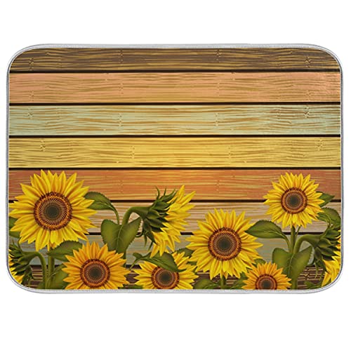 Super Absorbent Dish Drying Mat (Sunflower On Wooden Board Vintage / 18" x 24")