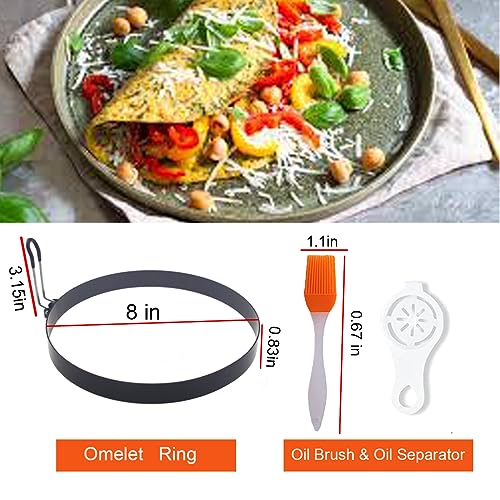 Large 2 Pack 8" Omelette Ring for Griddle (Black 2 pcs of 8“ with accessories)