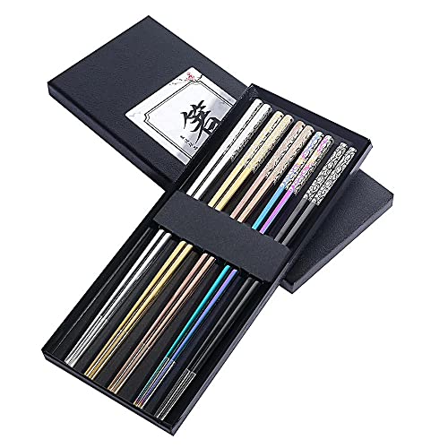 Metal Chopsticks Reusable Titanium Plated Stainless Steel Japanese Korean for Food & Cooking 9.5Inch Non