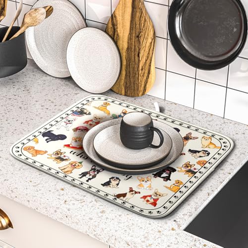 Cute Dog Dish Drying Mat Absorbent Printed Drying Pad for Pet Lover (Dog Family White / 18" x 16")