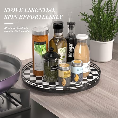 13 Inch Black and White Checkerboard Lazy Susan with Oak Wood Base (Black & White / 13 inches)