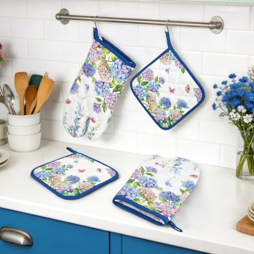 Hydrangea Floral Oven Mitts and Pot Holders Set (Hydrangea / Oven Mitt x2 & Pot Holder x2)