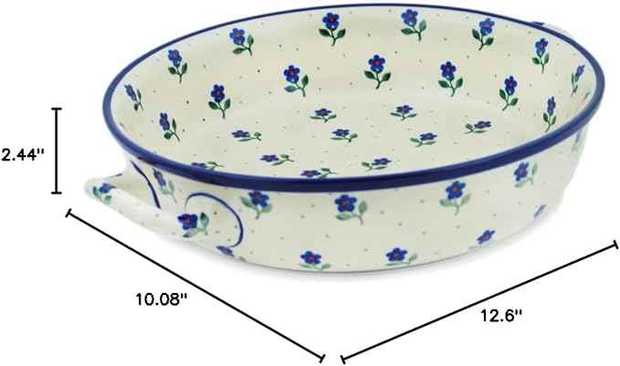Polmedia Polish Pottery Round Baker with Handles 10-inch - Auntie Em Sapphire Pattern Handmade in Boleslawiec Poland by Ceramika Artystyczna + Certificate of Authenticity