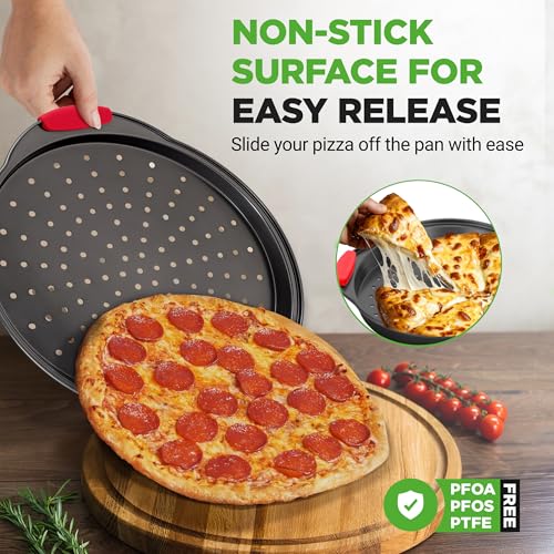 2-Piece 13-Inch Nonstick Pizza Tray, Round Carbon Steel Non-Stick Pizza Pan with Perforated Holes, Premium Bakeware Pizza Screen with Silicone Grip Handles, Dishwasher Safe, NCBPIZX2 (2 Count)