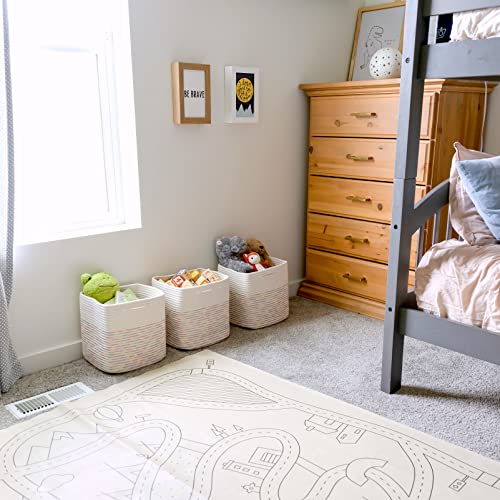Storage Cubes 11 Inch Cotton Rope Woven Baskets for Organizing (Off White & Rainbow Stitching)