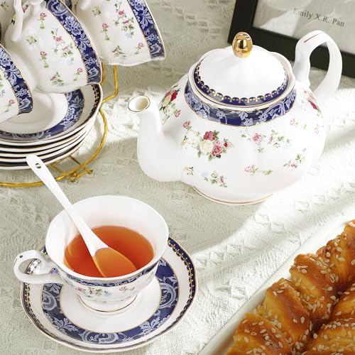21 Piece Blue Lace and Roses Bone China Tea Sets for Adults (21 Count)