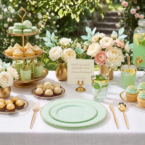 180Pcs Sage Green Plastic Plates for Wedding Party Supplies (Green and Gold Plastic Dinnerware Set / 180PCS)