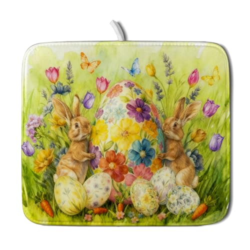 Easter Dish Drying Mat for Kitchen Counter Spring Bunny Microfiber Countertop Mat Small (Spring Bunny Green / 18" x 16")