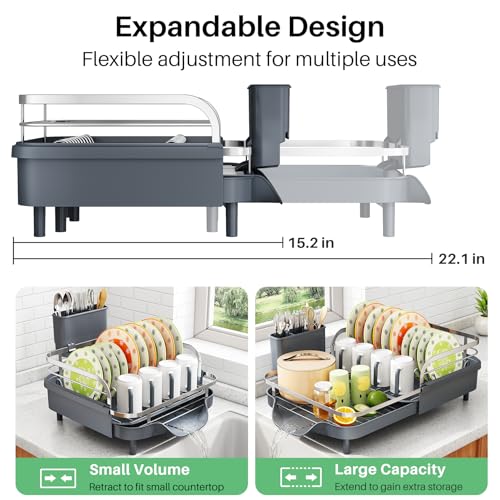Expandable Dish Drying Rack for Small Kitchen Counter (Gray)