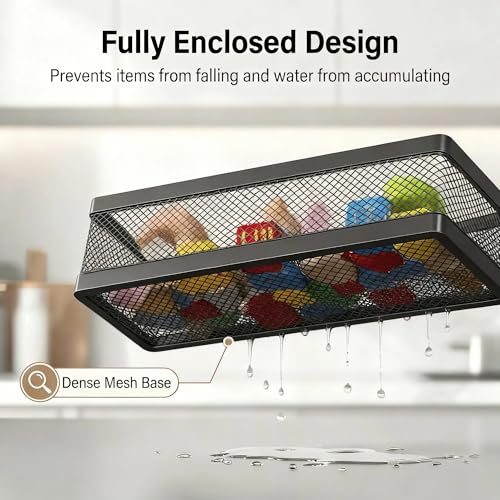 5-in-1 16.5" Extra Long Slim Wall Mount Wrapped Mesh Kitchen Organizer & Shower Caddy Kit, with Paper Towel Holder, Utensil Holder, Soap Dish, Holds 50LBS - Matte Black, Netting (Matte Black / 5-in-1 Full Mesh (16.5" Extra Long))