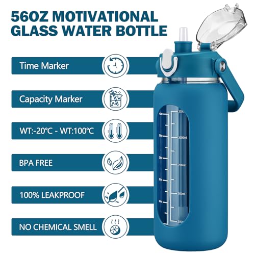56oz Glass Water Bottles with Straw (Iron Blue / 56 Ounces)