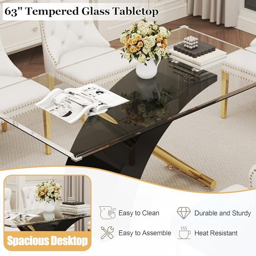 7 Piece Glass Dining Table Set for 6 (Black Table & Gold White Chair / 7-Piece Set-X-Shaped Table)