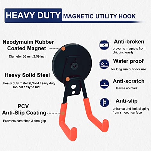 4 Pack Heavy Duty Magnetic Hooks 2.6'' Base Garage Storage Utility (2.6‘’ Diameter Base / Orange Hook)