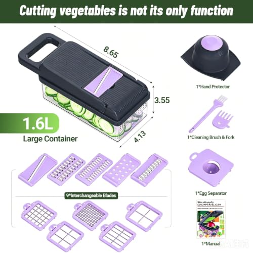 15-in-1 Vegetable Chopper 10 Blades, Veggie Cutter with Handle, Black/Purple (Purple / 10 blades)