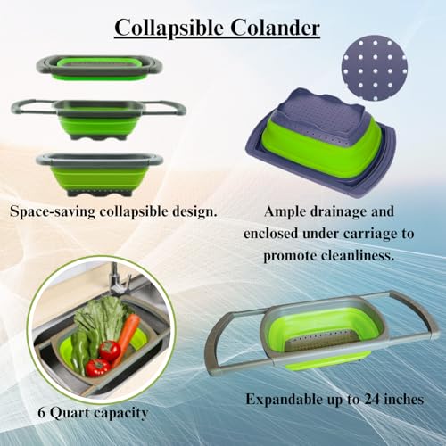 2-in-1 Silicone Strainer Set | Collapsible Colander | Over the Sink Silicone Collander With Extendable Handle | Clip-on Pot Strainer for Pots and Pans| Space-Saving, Heat-Resistant (2 Count)