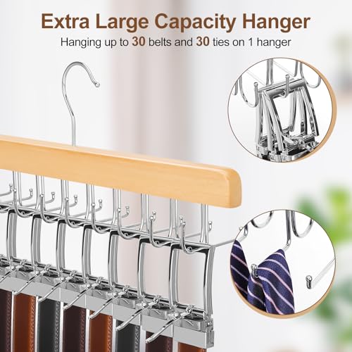 2 Pack 2 in 1 Belt Tie Hanger for Closet Max 60 Belts with 60 Ties Capacity (Natural-2 Pack)