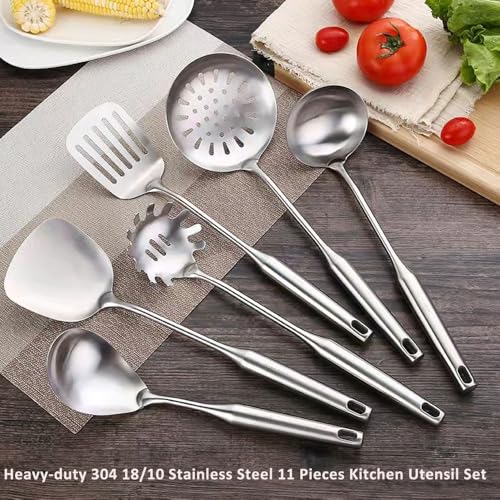 304 18 10 Stainless Steel Kitchen Utensils Set 11 Pcs Long Metal Cooking Utensil