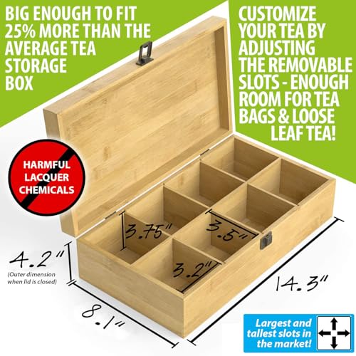 Bamboo Tea Organizer Box Chemical Free Eco (8-Slot Rectangular / Tea Leaf Stamp)