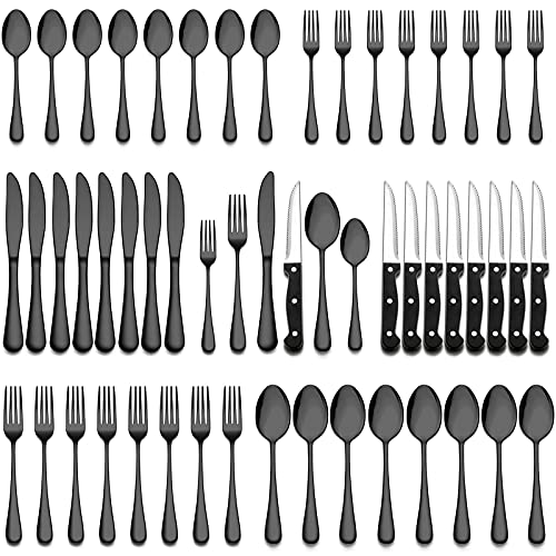 24 Piece Black Flatware Set with Steak Knives (24-Piece / Black)