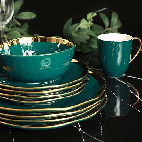 Florian Modern Porcelain Dish Set (32-Pieces Service for 8 / Green with Gold Rim)
