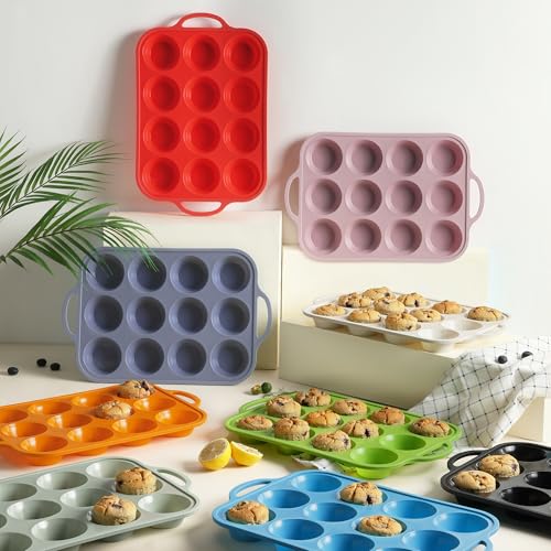 2 Packs 12 Cups Silicone Muffin Pan with Metal Reinforced Frame Regular Size Cupcake Pan Tray Egg Bites Silicone Circle Cookie Molds Muffin Tin Tart Pans Baking Sheet Set for Breakfast Sandwiches (2pc: 12-Cup Regular / Morandi Blue)