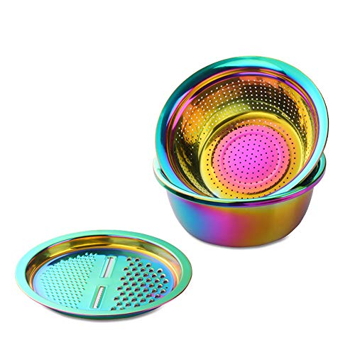3-In-1 Multifunctional Grater Basin Colander Strainer Set, Mingcheng Stainless Steel Kitchen Grater/Drain Basket/Bottom Basin for Washing Rice, Fruits, Vegetable, Grater with Container (Rainbow) (Rainbow)