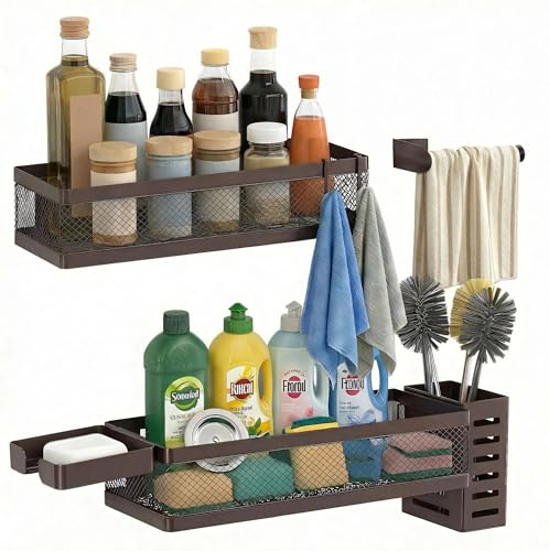 5-in-1 Wide Wall Mount Wrapped Mesh Kitchen Organizer & Shower Caddy Kit, with Paper Towel Holder, Utensil Holder, Soap Dish, Heavy Duty 50LBS - Vintage Bronze, Netting (Vintage Bronze / 5-in-1 Full Mesh (12.6" Wide))