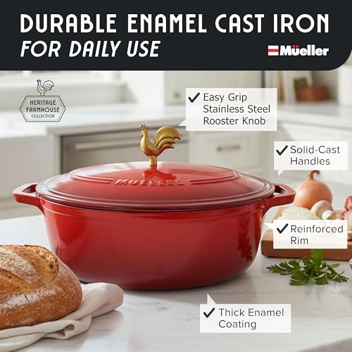 MUELLER HOME 5.5 Quart Enameled Cast Iron Oval Dutch Oven w Rooster Knob & Cotton Potholders (5.5 Quart -Oval / Red)