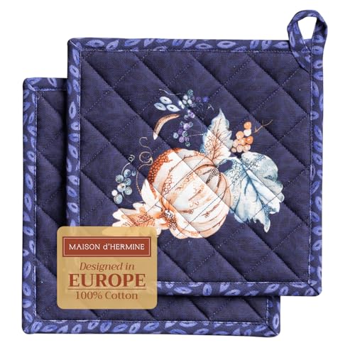 Pot Holders 100% Cotton Potholders (072 - Pumpkin Blues / 8" x 8" (Pot Holder Pack of 2))