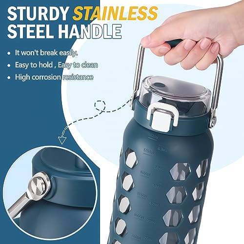 64oz Glass Water Bottle with Straw and Lid (Blue / 64 Ounces)