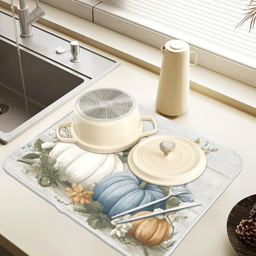 Fall Blue Orange Grey Pumpkin Thanksgiving Dish Drying Mat for Kitchen Counter Absorbent Microfiber Large Drying Pad Dish Mats for Kitchen Countertops 18 x 24 Inch (24" x 18")