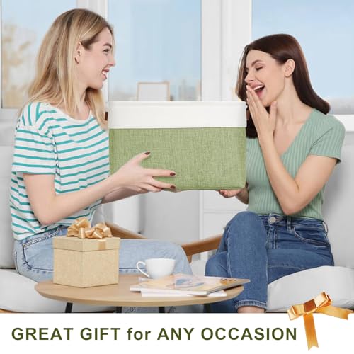 Storage Bins Large Fabric Storage Baskets for Shelves 3 Pack (Green / Off-White / Large -15"x11"x9.5")